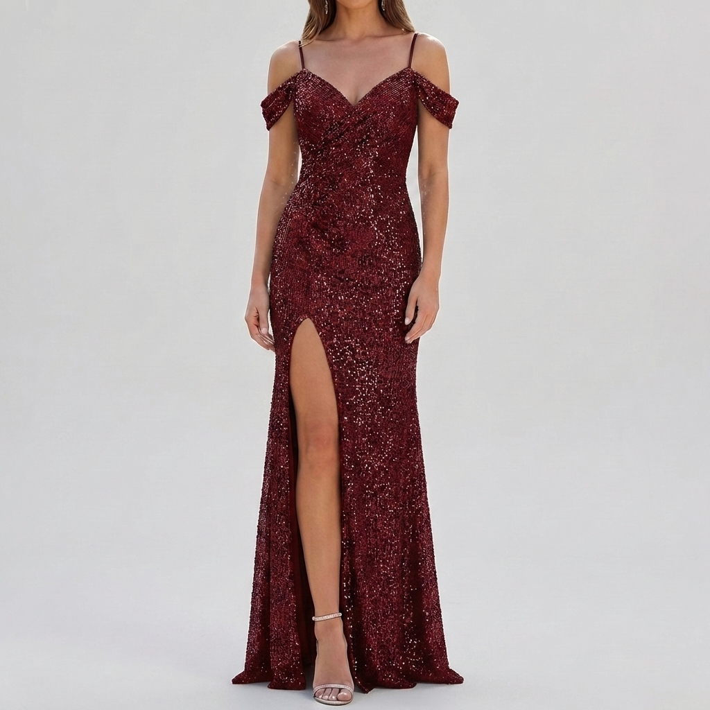 Abito Maxi Elegante con Paillettes Off Shoulder