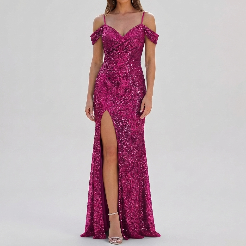 Abito Maxi Elegante con Paillettes Off Shoulder