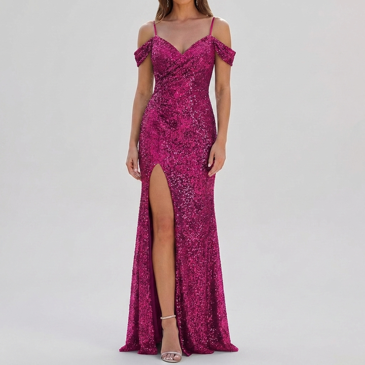 Abito Maxi Elegante con Paillettes Off Shoulder