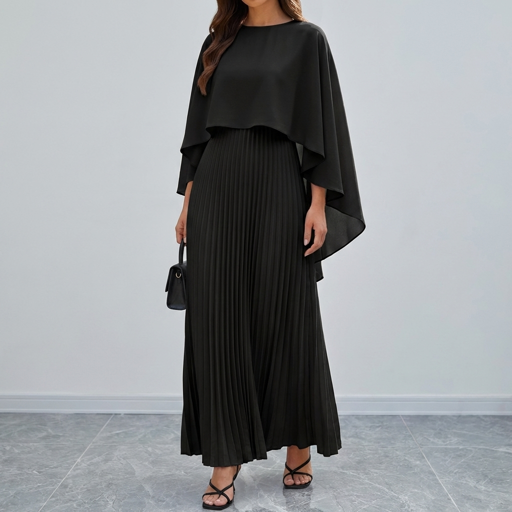 Abito Maxi Plissettato a Manica Batwing