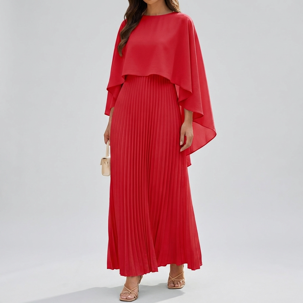 Abito Maxi Plissettato a Manica Batwing