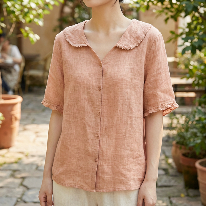 Camicia Retrò in Cotone e Lino per Donne con Collo a Bambola