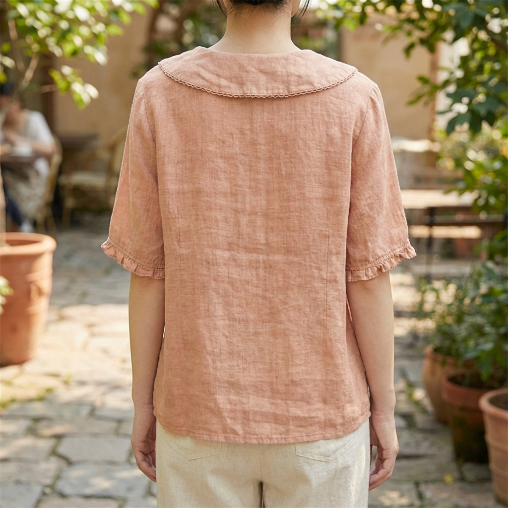 Camicia Retrò in Cotone e Lino per Donne con Collo a Bambola