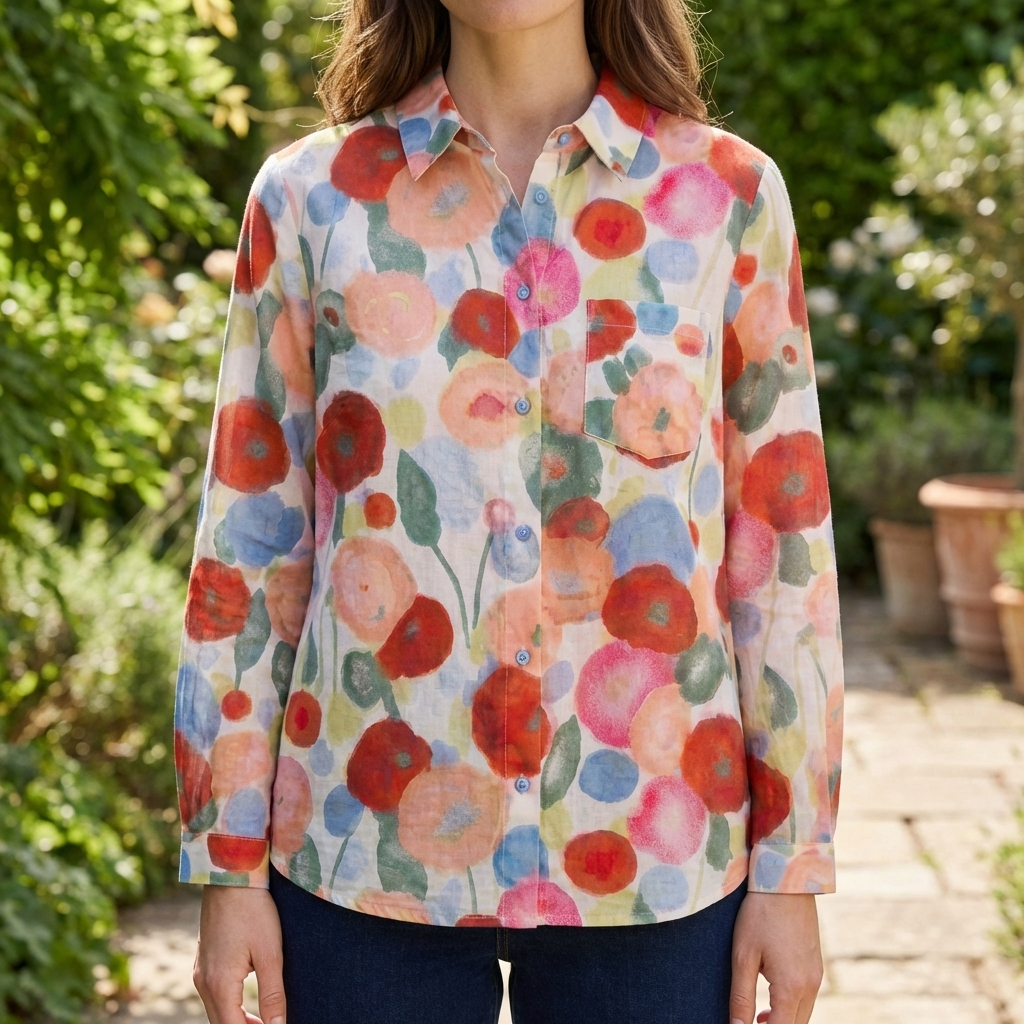 Camicia Bottoni Floreale Cartoon per Donna