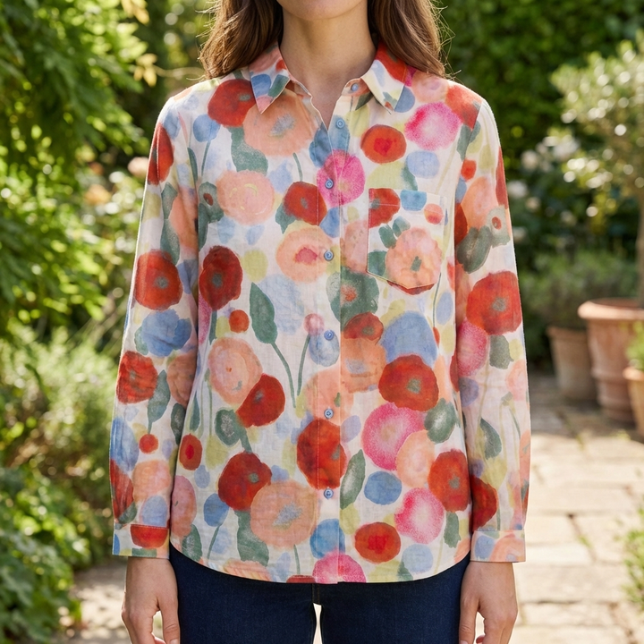 Camicia Bottoni Floreale Cartoon per Donna