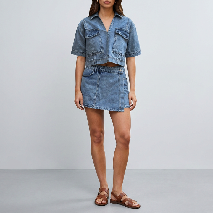 Set Denim Due Pezzi con Top e Gonna