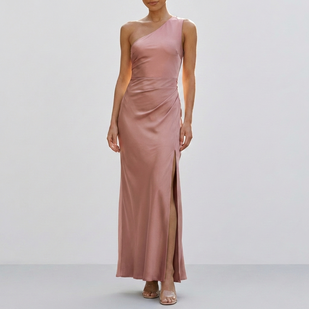 Abito Maxi in Satin con Spalla Scoperta per Donne