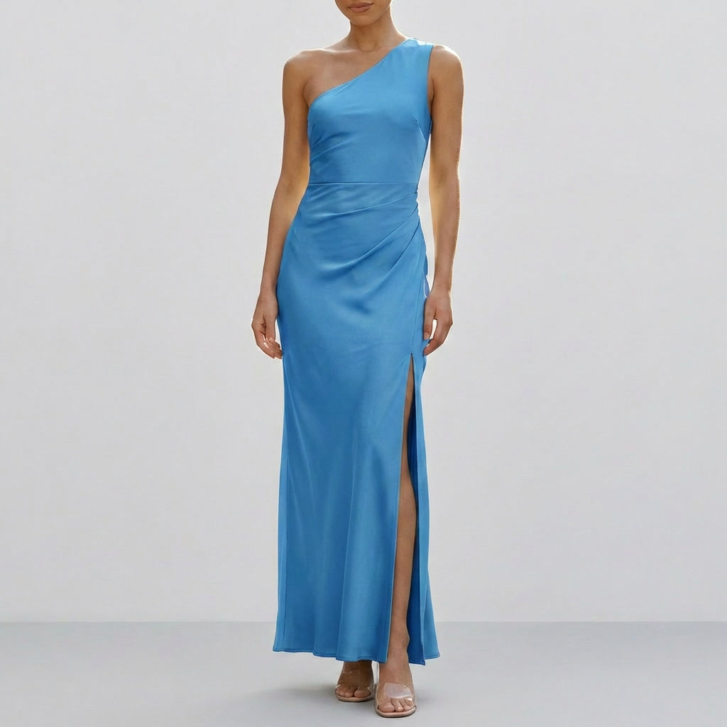 Abito Maxi in Satin con Spalla Scoperta per Donne