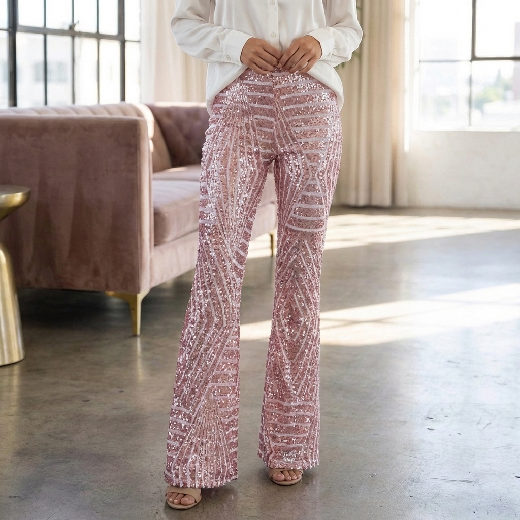 Pantaloni Flare Alti in Paillettes da Donna
