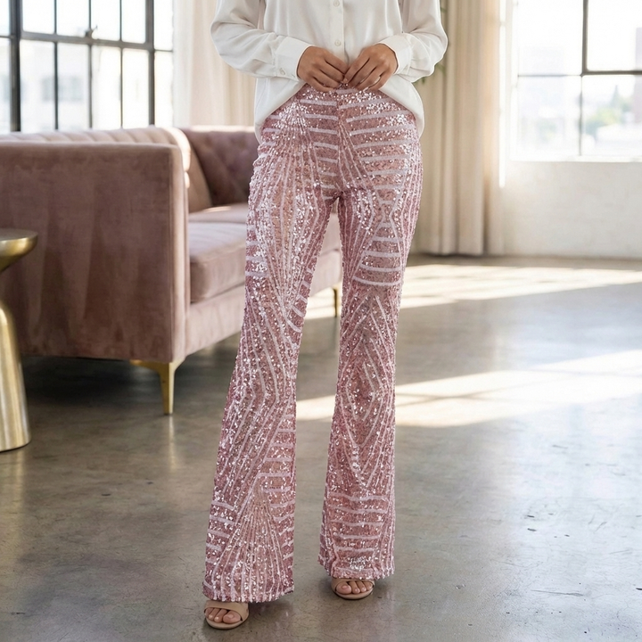 Pantaloni Flare Alti in Paillettes da Donna