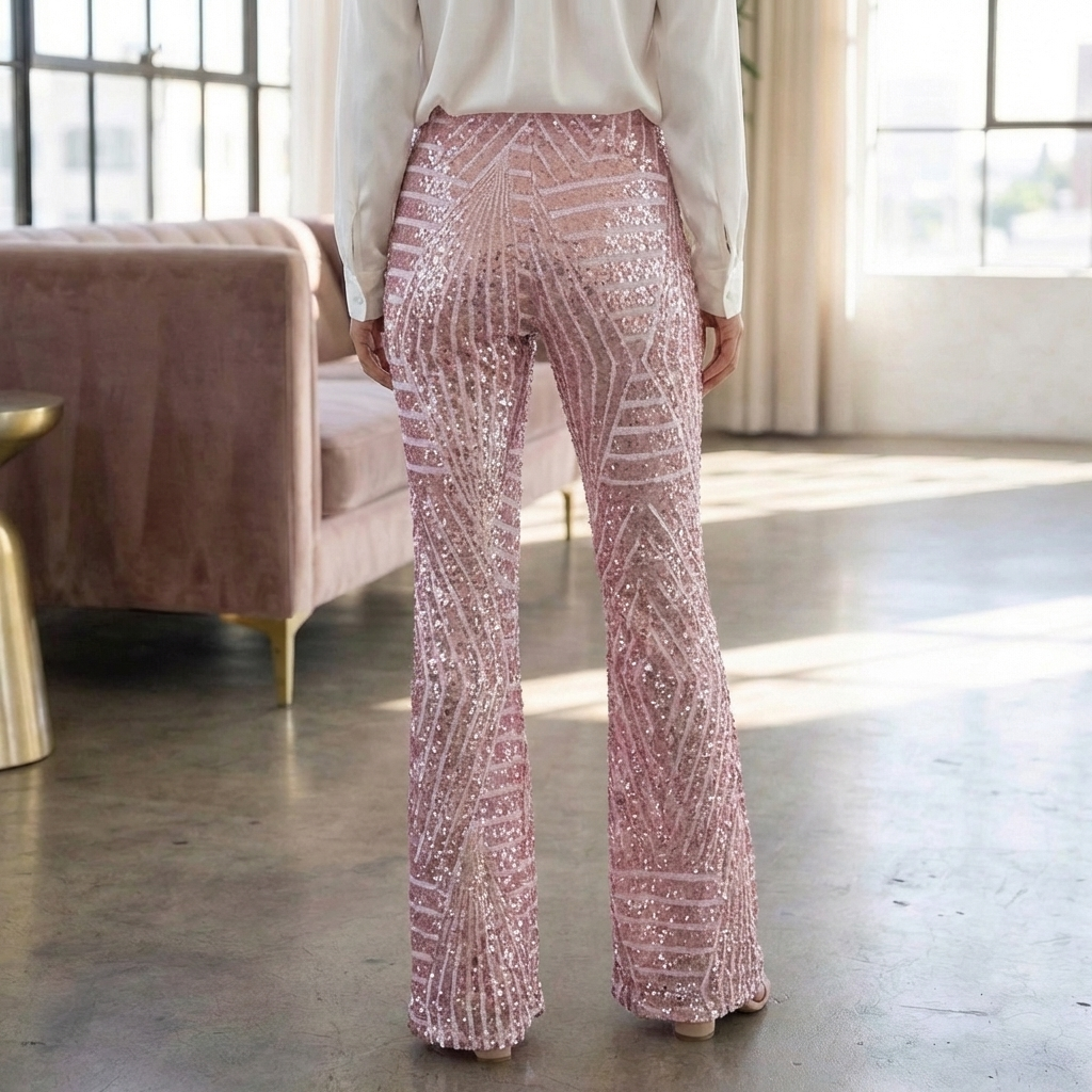 Pantaloni Flare Alti in Paillettes da Donna