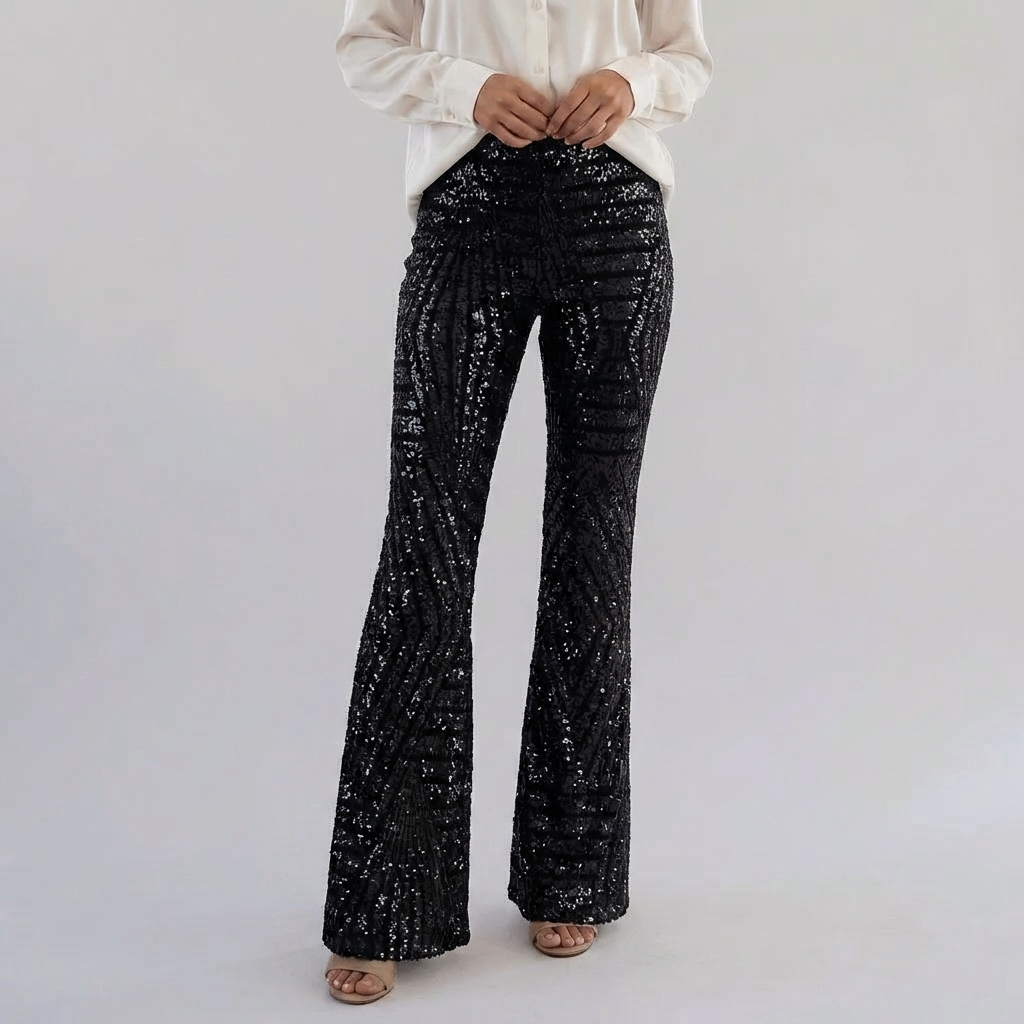 Pantaloni Flare Alti in Paillettes da Donna