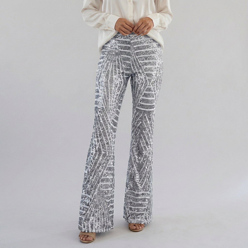 Pantaloni Flare Alti in Paillettes da Donna