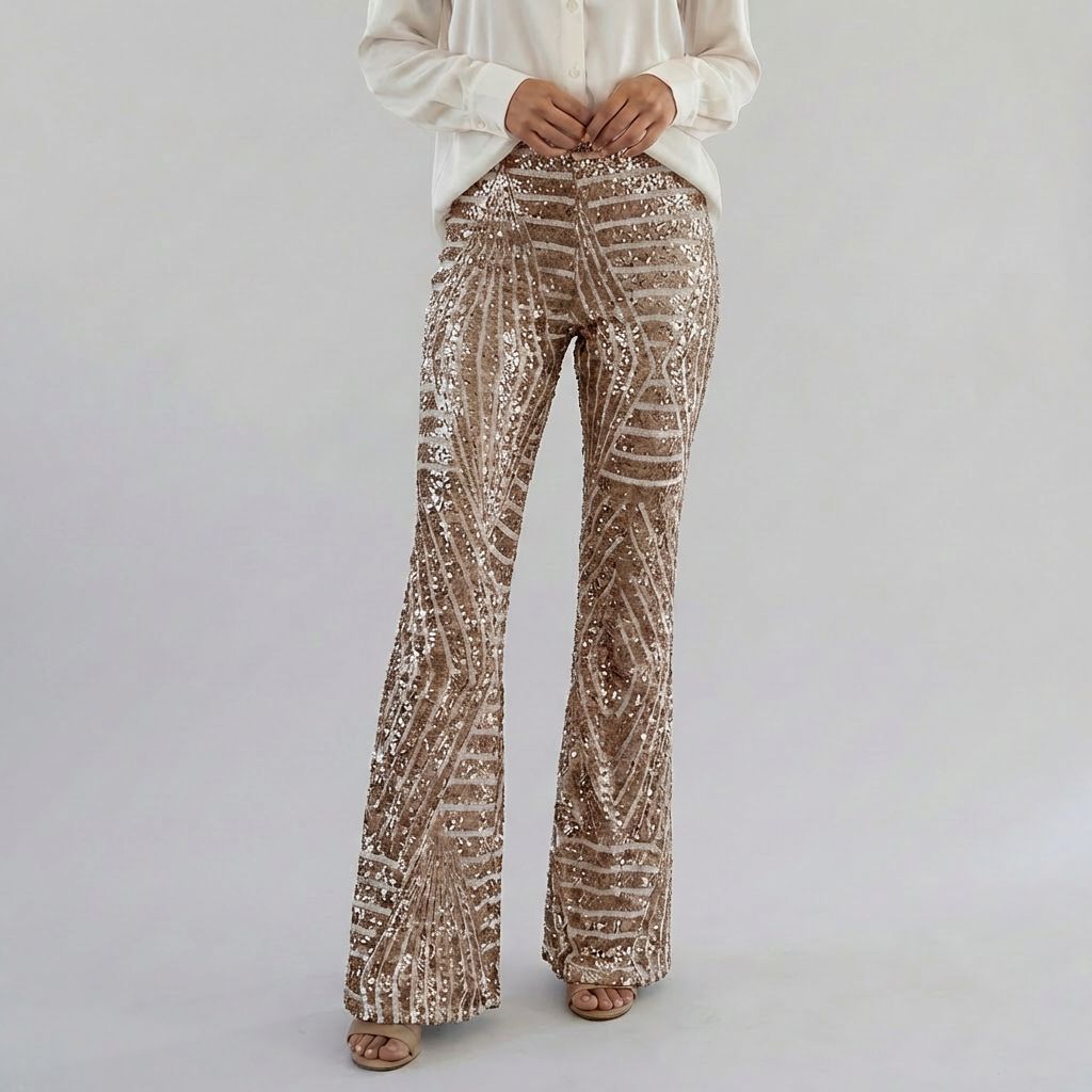 Pantaloni Flare Alti in Paillettes da Donna