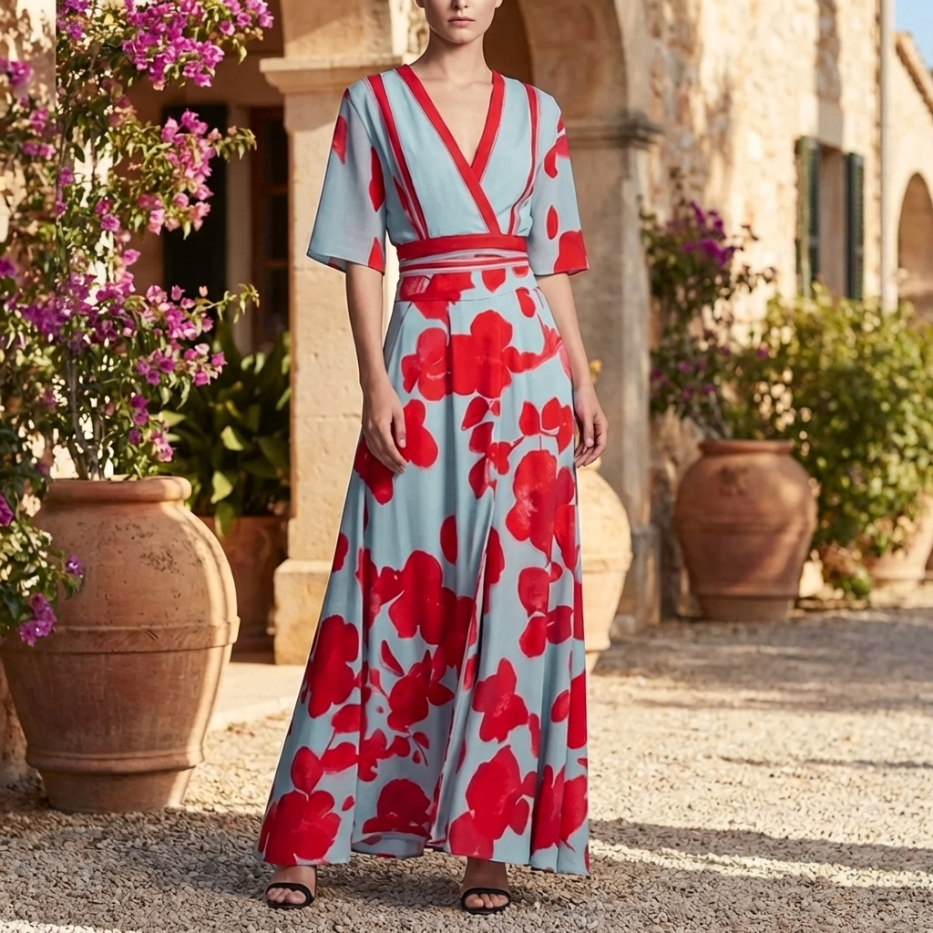 Abito lungo floreale con scollo a V per donne