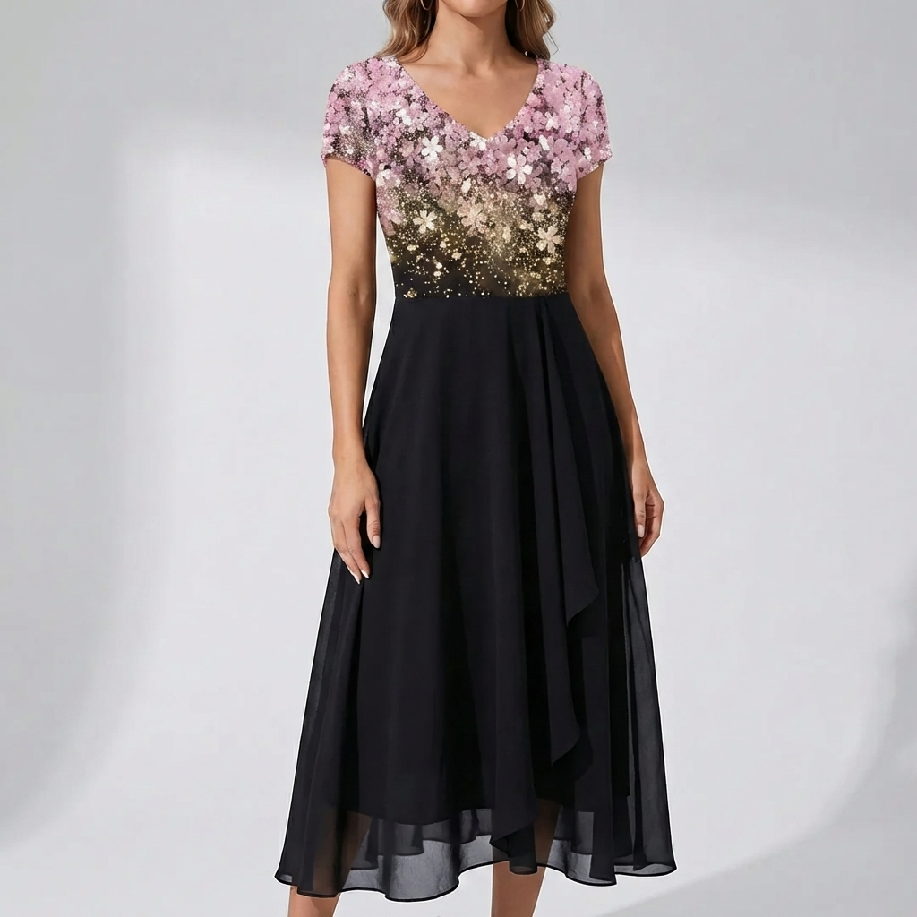 Abito Midi Scollo a V con Stampa Floreale per Donne