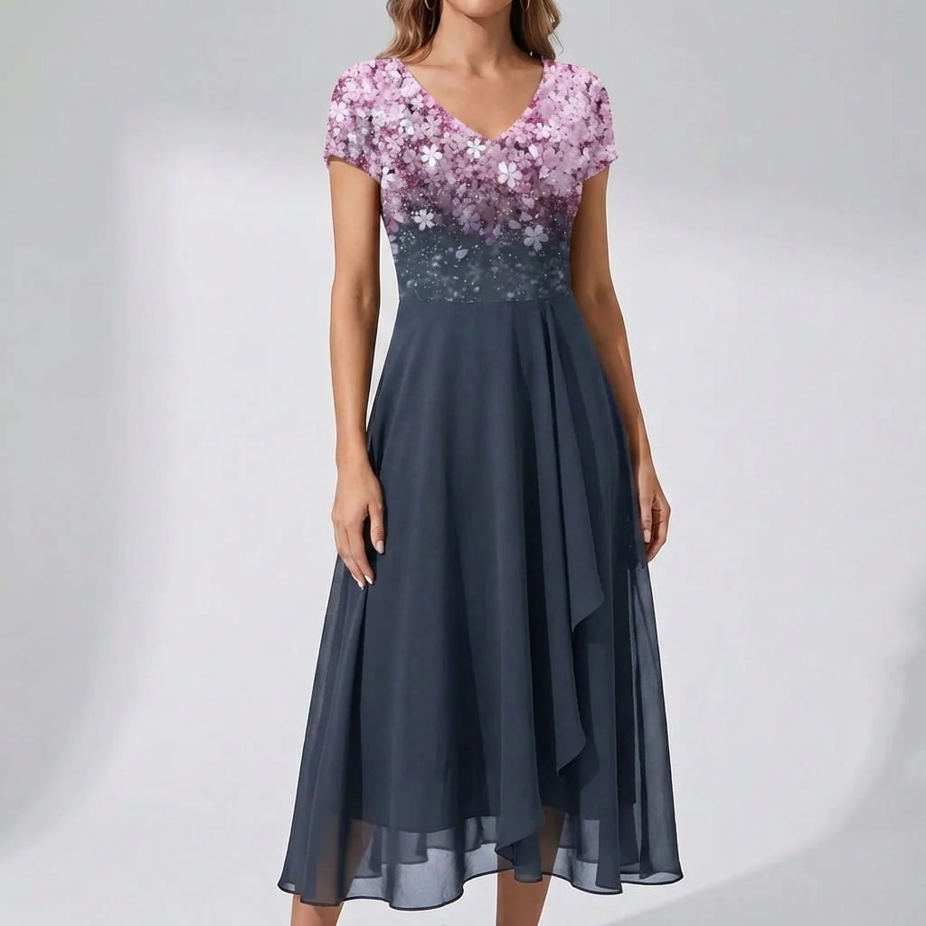 Abito Midi Scollo a V con Stampa Floreale per Donne