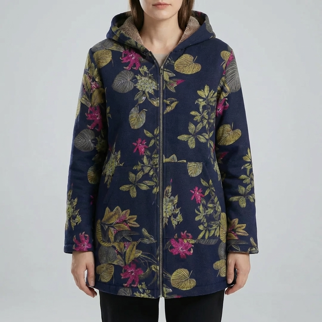 Cappotto Invernale con Capuccio a Stampa Floreale per Donne