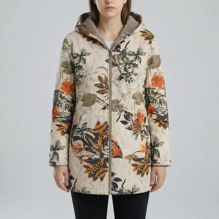 Cappotto Invernale con Capuccio a Stampa Floreale per Donne