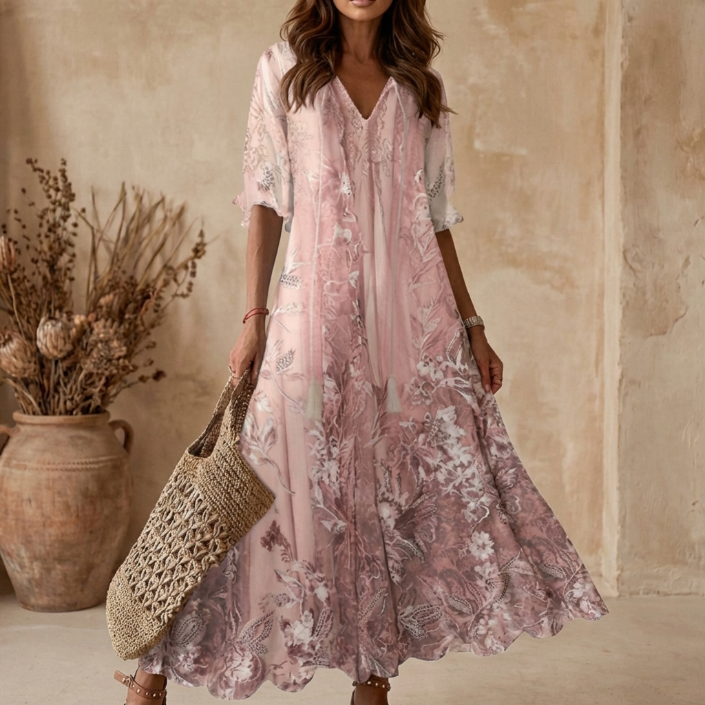 Abito lungo da donna a fiori con scollo a V e maniche a tre quarti