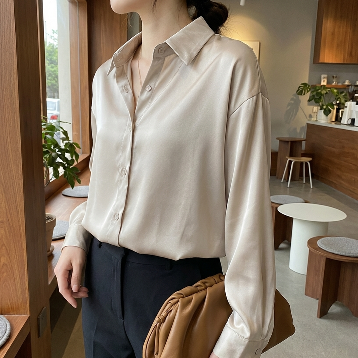 Blusa in Satin con Mani Lunghe e Collo Classico