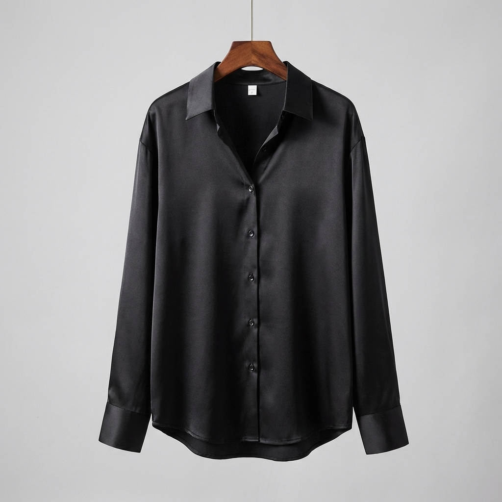 Blusa in Satin con Mani Lunghe e Collo Classico
