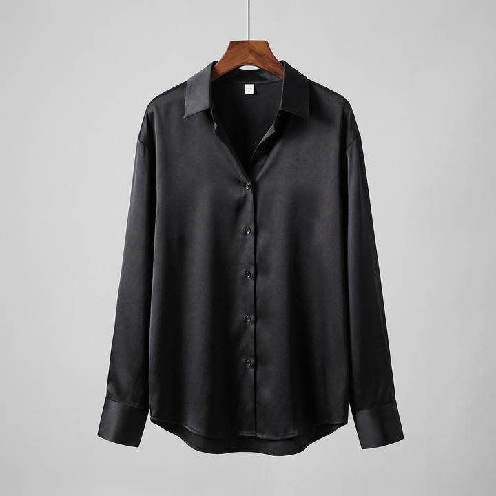 Blusa in Satin con Mani Lunghe e Collo Classico