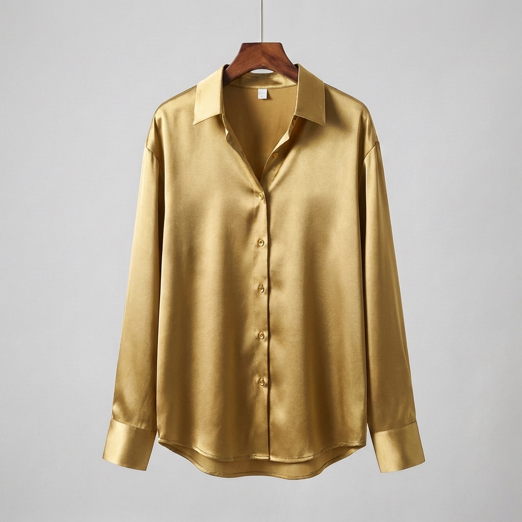 Blusa in Satin con Mani Lunghe e Collo Classico