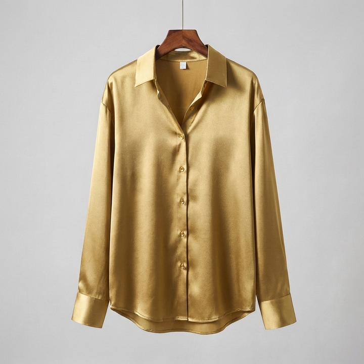Blusa in Satin con Mani Lunghe e Collo Classico
