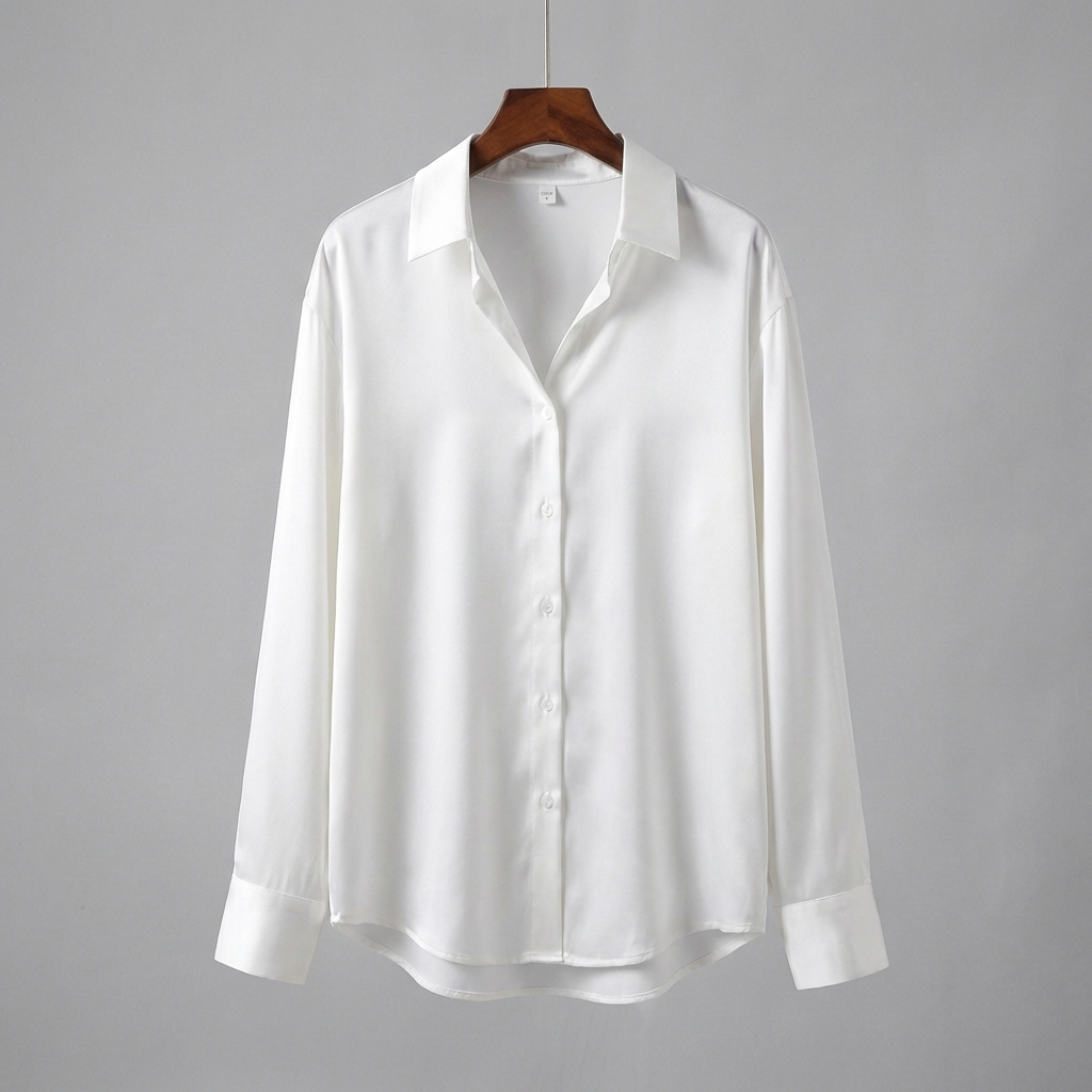 Blusa in Satin con Mani Lunghe e Collo Classico