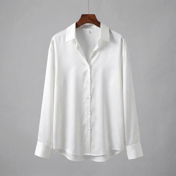 Blusa in Satin con Mani Lunghe e Collo Classico