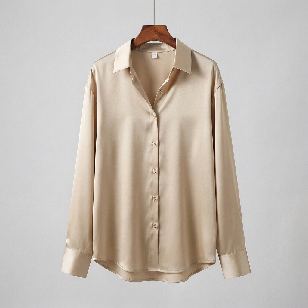 Blusa in Satin con Mani Lunghe e Collo Classico