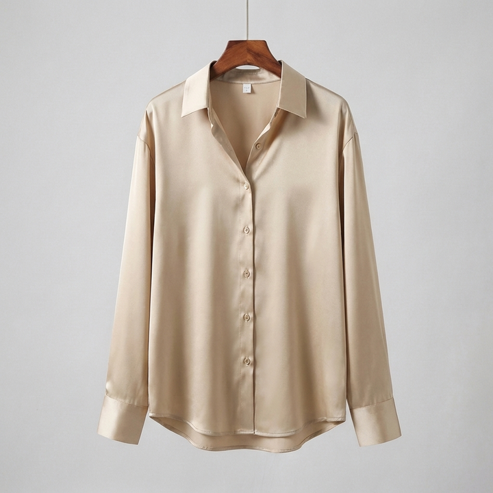 Blusa in Satin con Mani Lunghe e Collo Classico