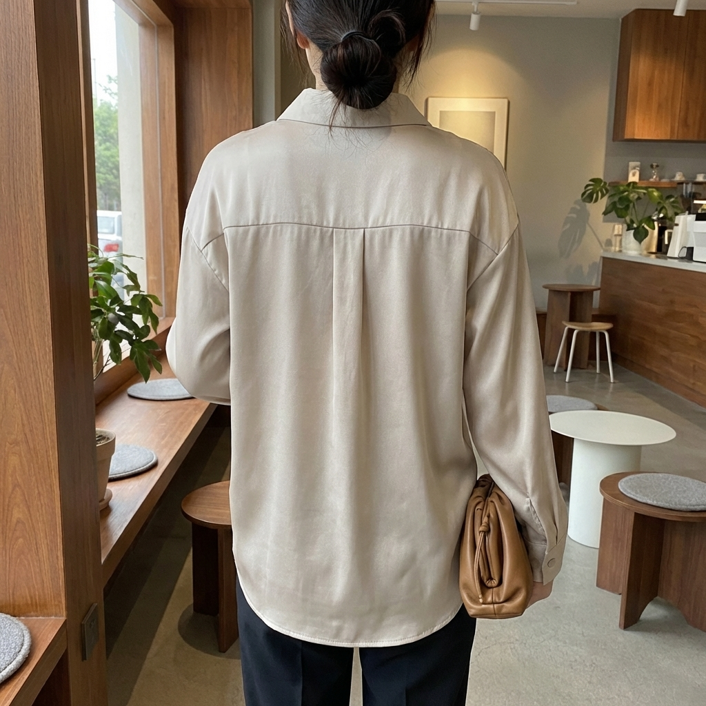 Blusa in Satin con Mani Lunghe e Collo Classico