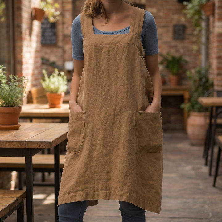 Abito Stile Grembiule in Cotone e Lino con Tasche per Donne