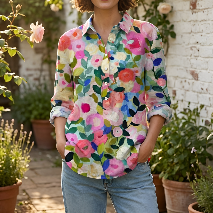 Blusa a Bottone Floreale a Manica Lunga
