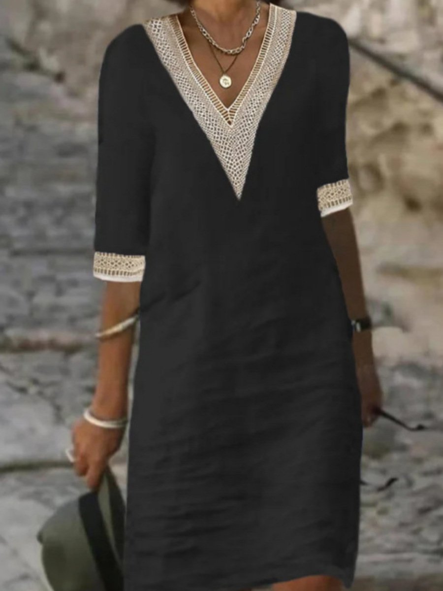 Abito casual in misto lino con scollo a V e pizzo da donna