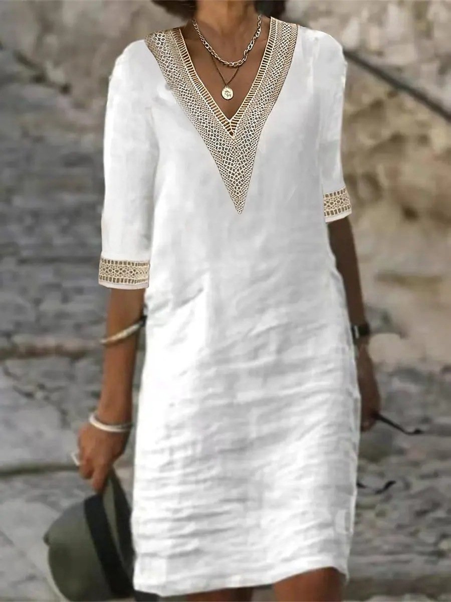 Abito casual in misto lino con scollo a V e pizzo da donna