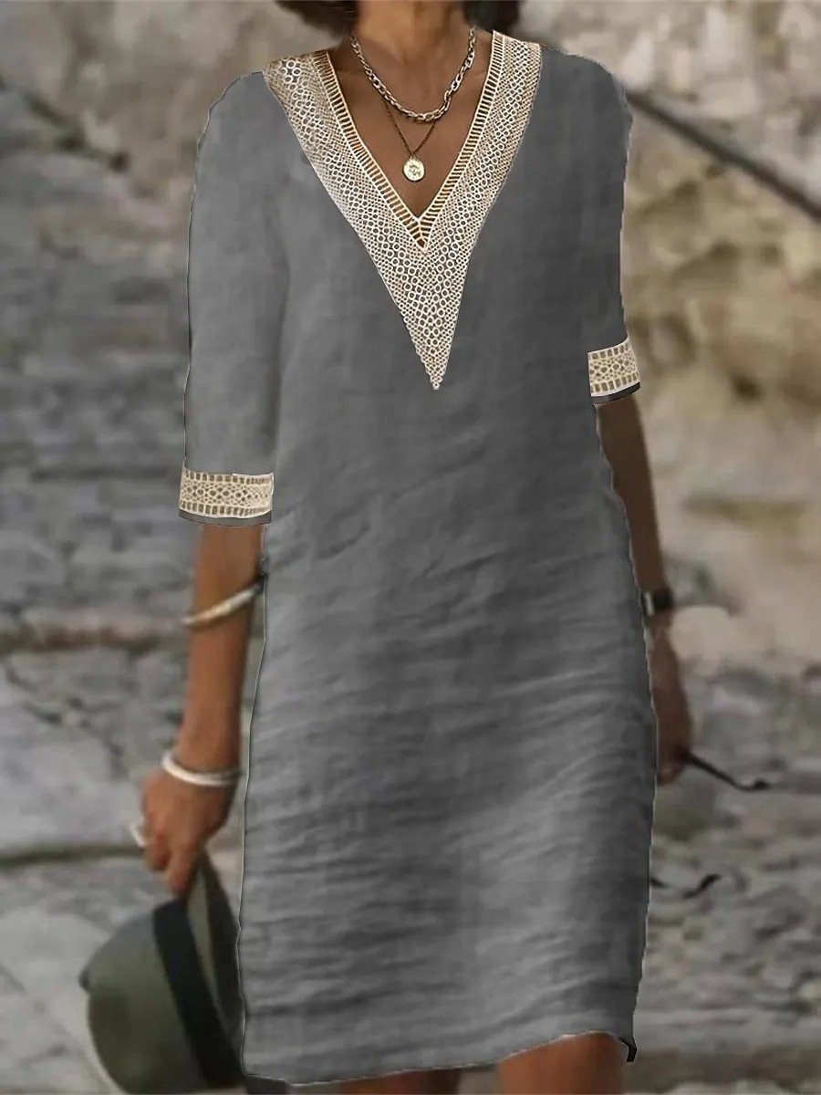 Abito casual in misto lino con scollo a V e pizzo da donna